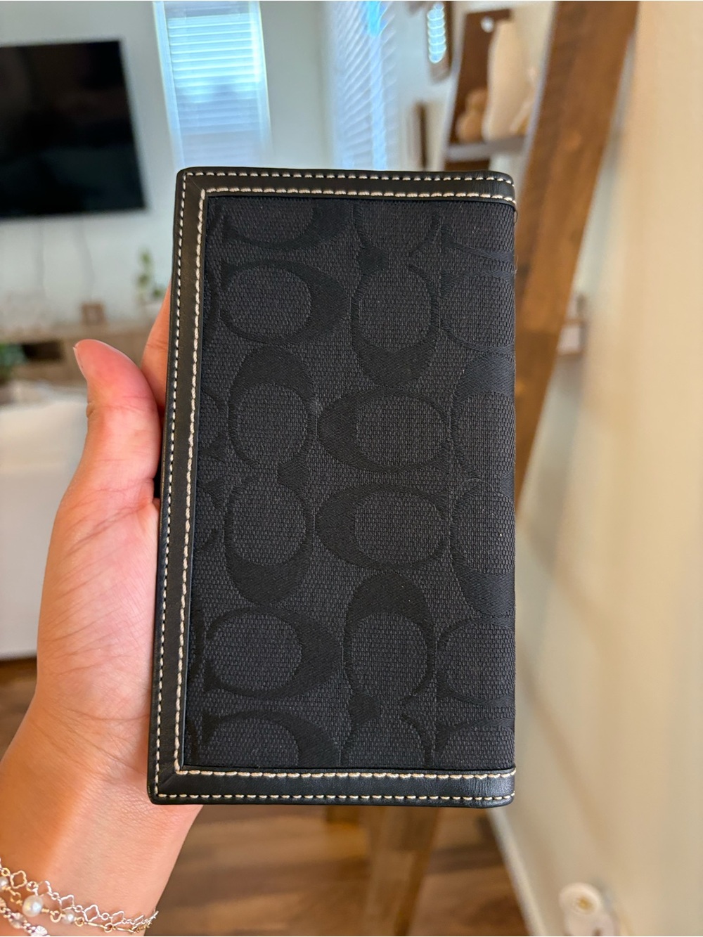 Coach Signature Canvas Jacquard Checkbook Black Brown Leather Trim - Picture 2 of 6